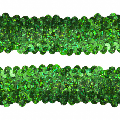 Тесьма с пайетками D4, шир. 30 мм/уп. 25+/-1 м, цвет зелёный - купить в Магадане. Цена: 1 087.39 руб.