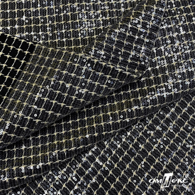 Ткань костюмная с пайетками, 100%полиэстр, 460+/-10 гр/м2, 150см #309 - цв. чёрный - купить в Магадане. Цена 1 203.93 руб.