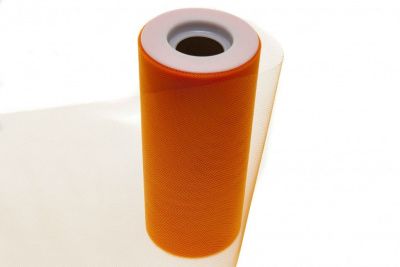 Фатин в шпульках 16-127, 10 гр/м2, шир. 15 см (в нам. 25+/-1 м), цвет оранжевый - купить в Магадане. Цена: 100.69 руб.