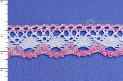 Тесьма плетеная кружевная "ЛЕН" 25мм/розовый-белый - купить в Магадане. Цена: 26.41 руб.